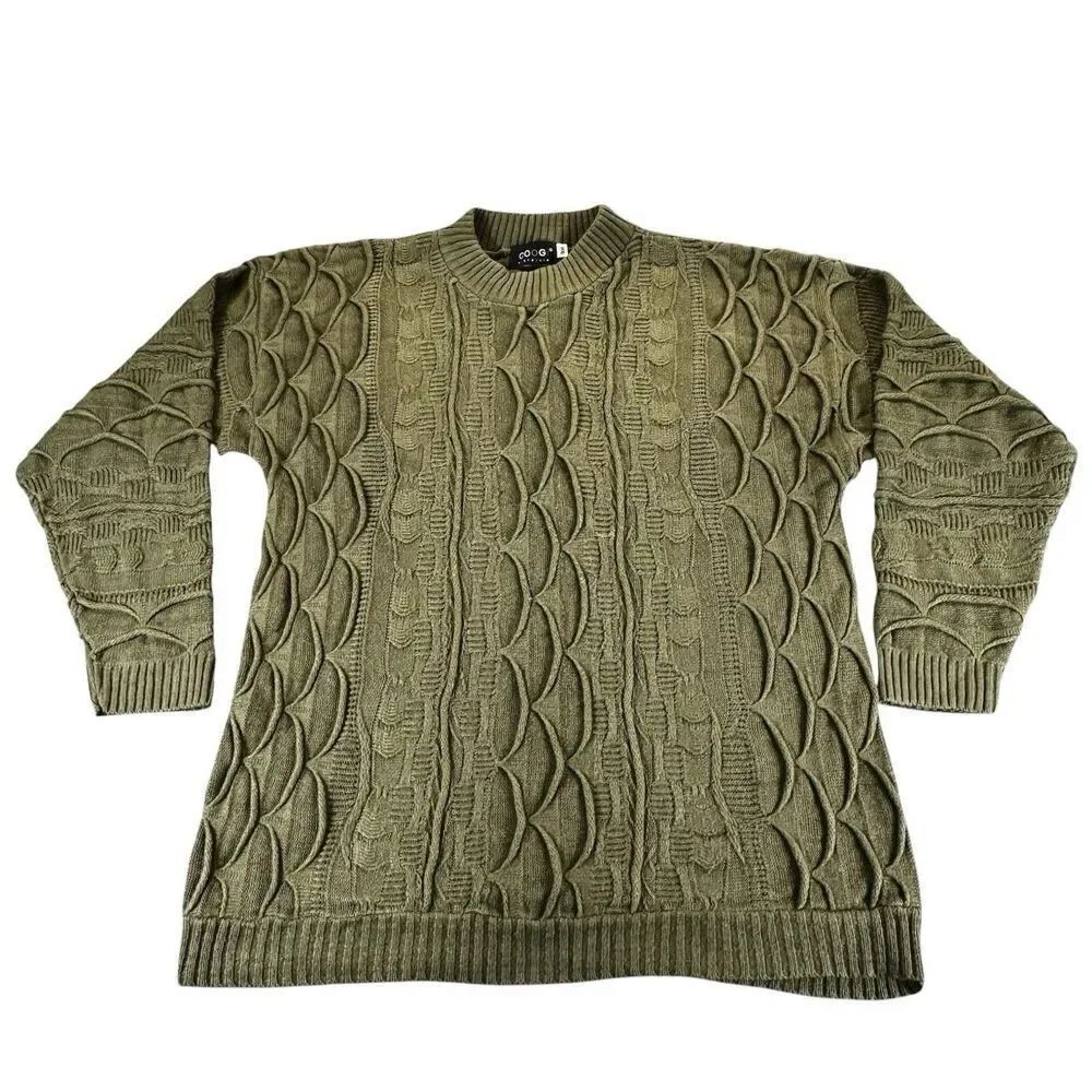 COOGI AUSTRALIA 3X Vintage 90s 3D Raised Knit Cable Sweater Olive Army Y2K HTF